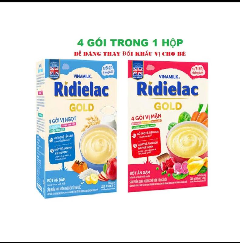Bột Ăn Dặm VINAMILK RIDIELAC GOLD 200gr cho bé (4 gói * 50gr), hộp 4 gói vị ngọt, hộp 4 gói vị mặn