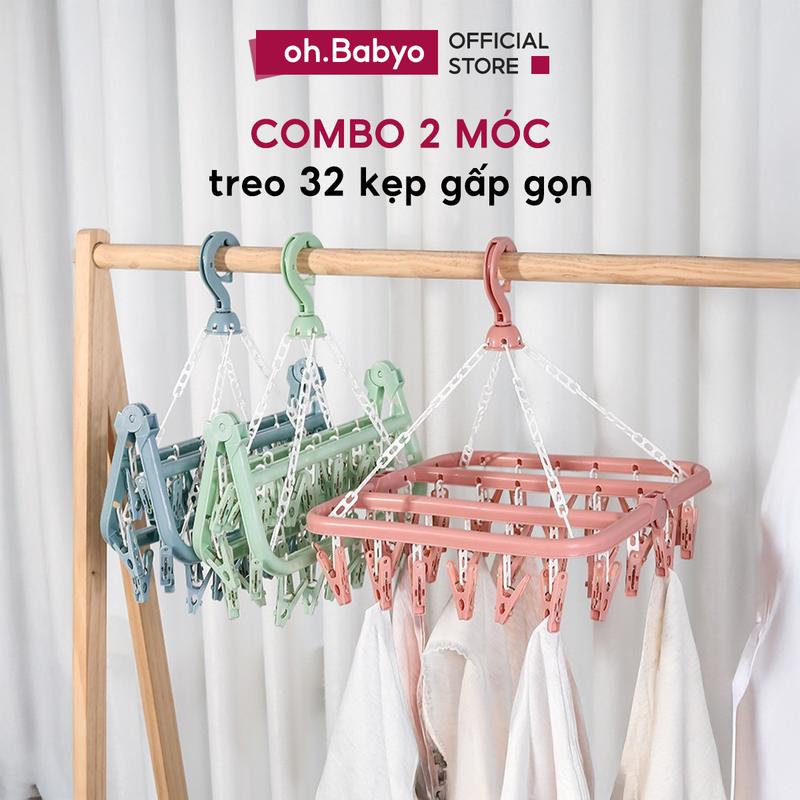 COMBO 2 Móc Treo Quần Áo Chùm 32 Kẹp Gấp Gọn Cho Trẻ Sơ Sinh ohBabyo Mắc Nhựa Phơi Đồ Cho Mẹ Bé Chống Trượt Tiện Lợi