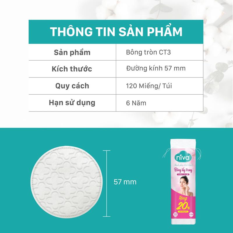 Bông Tẩy Trang Tròn Niva Cao Cấp CT3 Gói 120 Miếng Bông Tự Nhiên Mềm Mại Tẩy Trang Dưỡng Da 2 Trong 1 4