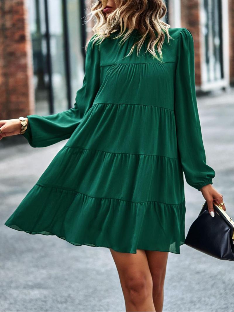Product Introduction of Women's Plain Ruched Ruffled Collar Smock Dress, Boho Bishop Sleeve Short Dress for Beach Holiday Vacation, Ladies Clothes for All Seasons 9