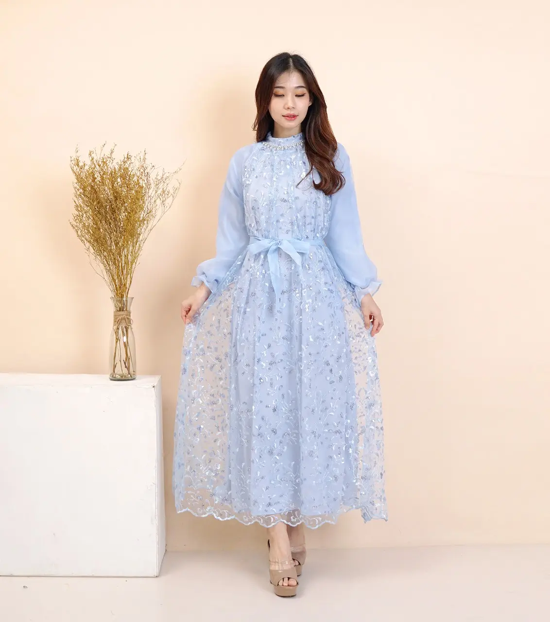 K285 Long dress Wanita Kekinian / Gaun Pesta Mewah Elegan Wanita / Dres Kondangan Hijab Gamis Pesta Elegan / Dress Korean Style / Gaun Pesta Mewah Import Dress Natal / Gaun Pesta Panjang Payet Tile Zipper Maxi Mutiara ĺ warna biru