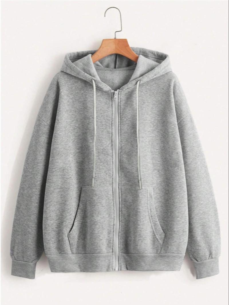 Product Introduction of 【Plus Size】 Solid Color Drawstring Zip Up Hooded Coat, Casual Pocket Drop Shoulder Hoodie Coat for Fall & Winter, Women's Clothing for Daily Wear 1