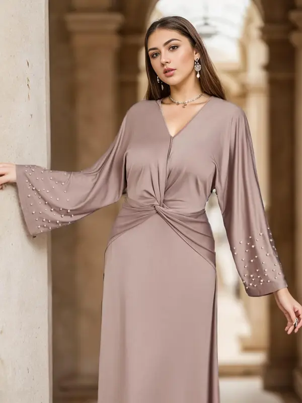 Women's Plain Twist Wrap V Neck A Line Dress, Elegant Long Sleeve Long Dress for Spring & Fall, Eid Outfits for 2024, Women's Clothing for Party Banquet 2