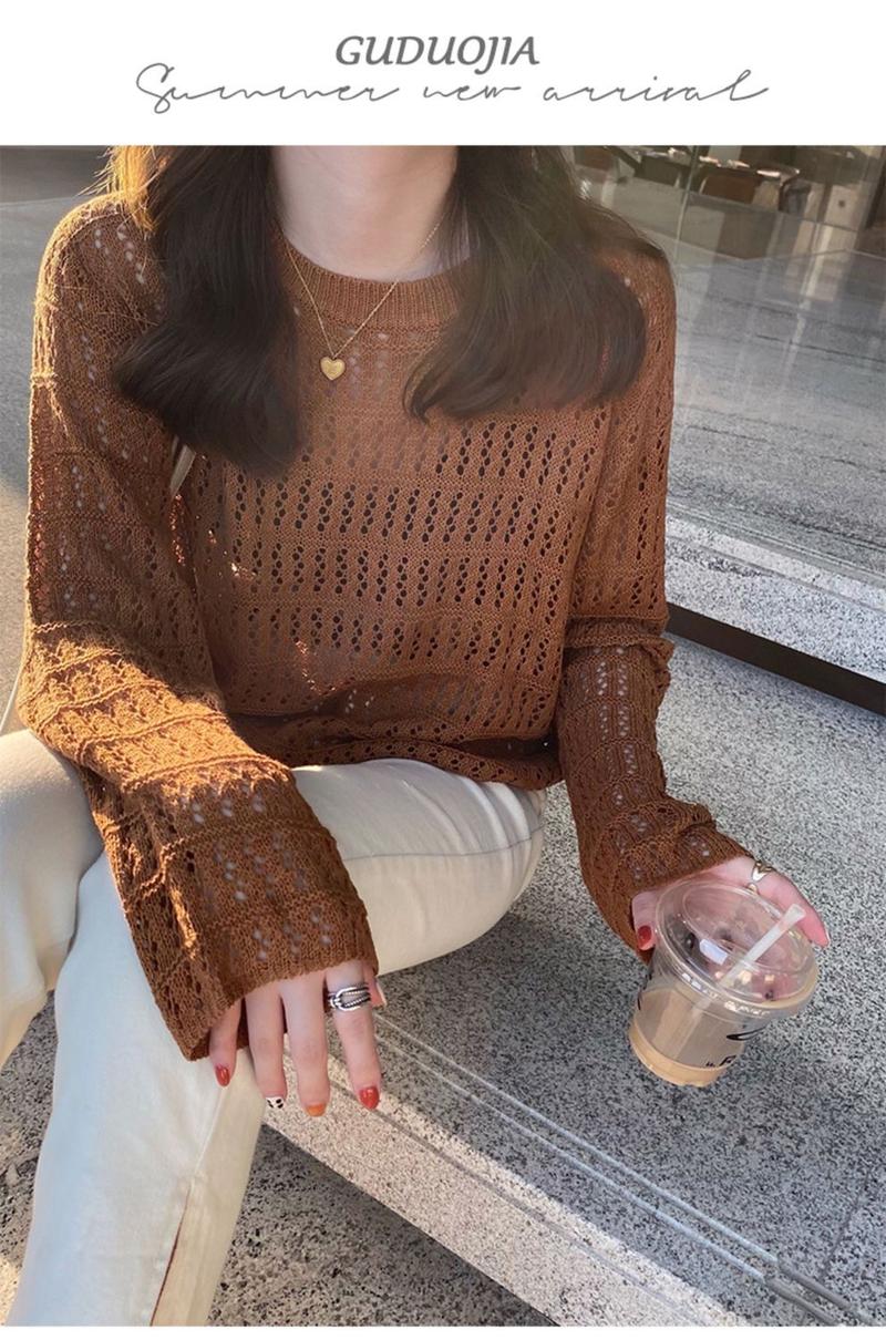 Product Introduction of 🔥Top fashion hollow out knits trendy women new loose slimming outside wear thin ruffles long sleeve shirt trendy top for women Womenswear Knitwear 12