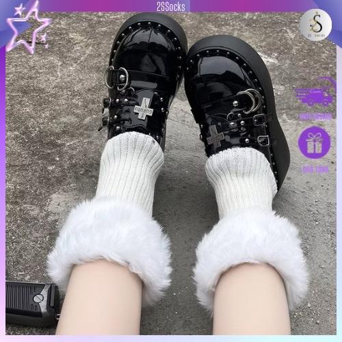 Tất ống chân phối lông cừu giữ ấm mùa đông vớ ống len dệt kim Y2K tất idol Kpop đáng yêu Phong Cách Lolita Cho Nữ