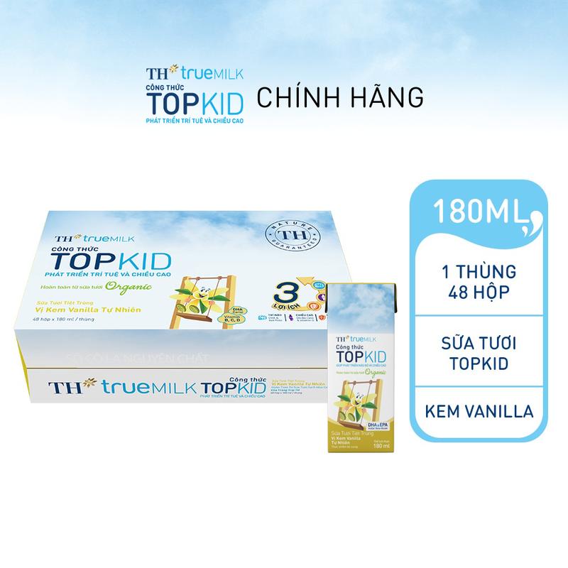 Thùng 48 hộp sữa tươi tiệt trùng TH true MILK TOPKID Organic vị kem vanilla tự nhiên 180 ml (180 ml x 48)