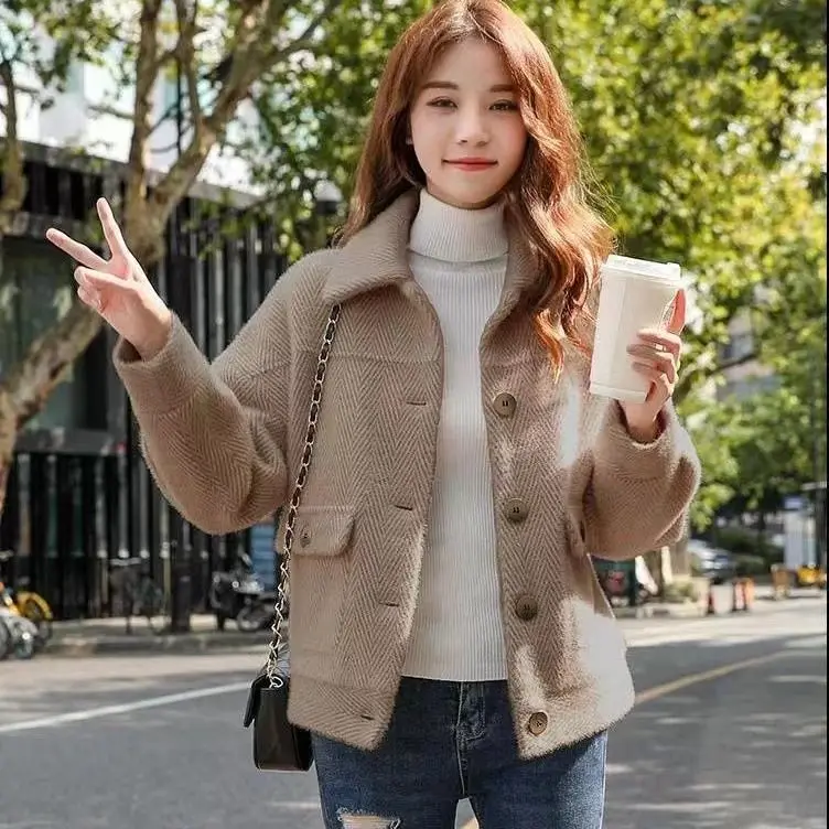 Áo Khoác Ngắn Len Giống Lông Chồn, Dành Cho Nữ, Áo Cỡ Nhỏ Phong Cách Hàn Quốc, Dễ Phối Đồ Áo Khoác Lông Chồn Vàng, Trang Phục Nữ Mùa Thu Đông, Năm 2024 0