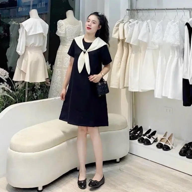 [MinnStudio] Váy xuông tiểu thư thiết kế cổ thuỷ thủ, thắt nơ xinh. Chất mềm, co dãn (bầu mặc được)  Women Nữ  Dress