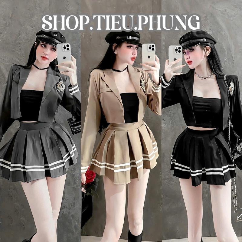 Set 3sp áo vest croptop, áo ống, chân váy xoè xếp ly