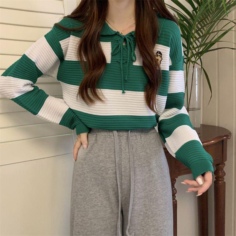 💥[A096] Áo len thun nữ Montoghi hàng dệt kim cổ áo POLO kẻ sọc retro có DÂY RÚT CỔ và LOGO HOA đơn giản trẻ trung - L2M (Top nữ Women Nhung ) 【 hoa hồng 】 2