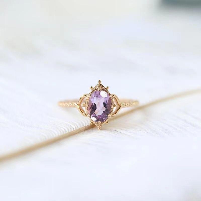 Nhẫn Nữ, Phong Cách Nhật Bản, Amethyst Tự Nhiên Agete Màu Tím, Dòng Đá Sinh Akato, Cùng Phong Cách, Bạc Sterling 925, Mạ Vàng 5
