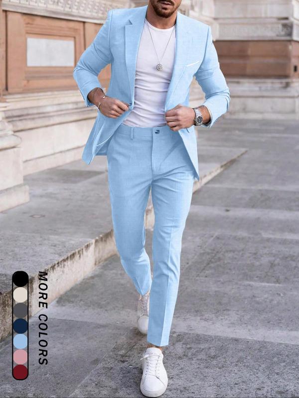 Men's Solid Color Business Suit Set, Slim Fit Lapel Neck Blazer & Pants, Men's Summer Clothes for Work Office Business, Menswear 1