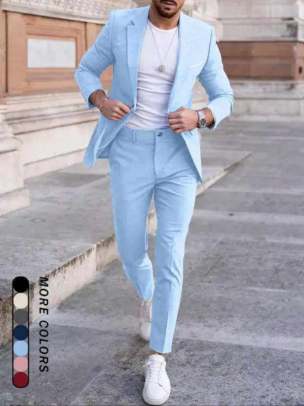 Men's Plain Business Suit Set, Slim Fit Lapel Neck Blazer & Pants, Men's Summer Clothes for Work Office Business, Menswear 1