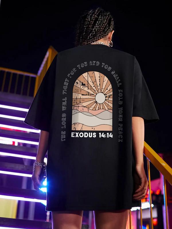 Women's Round Neck Drop Shoulder Graphic Tee, Summer Clothes Women, Casual Half Sleeve Crew Neck T-shirt for Summer, Women's Top for Daily Wear, Women's Clothing 1