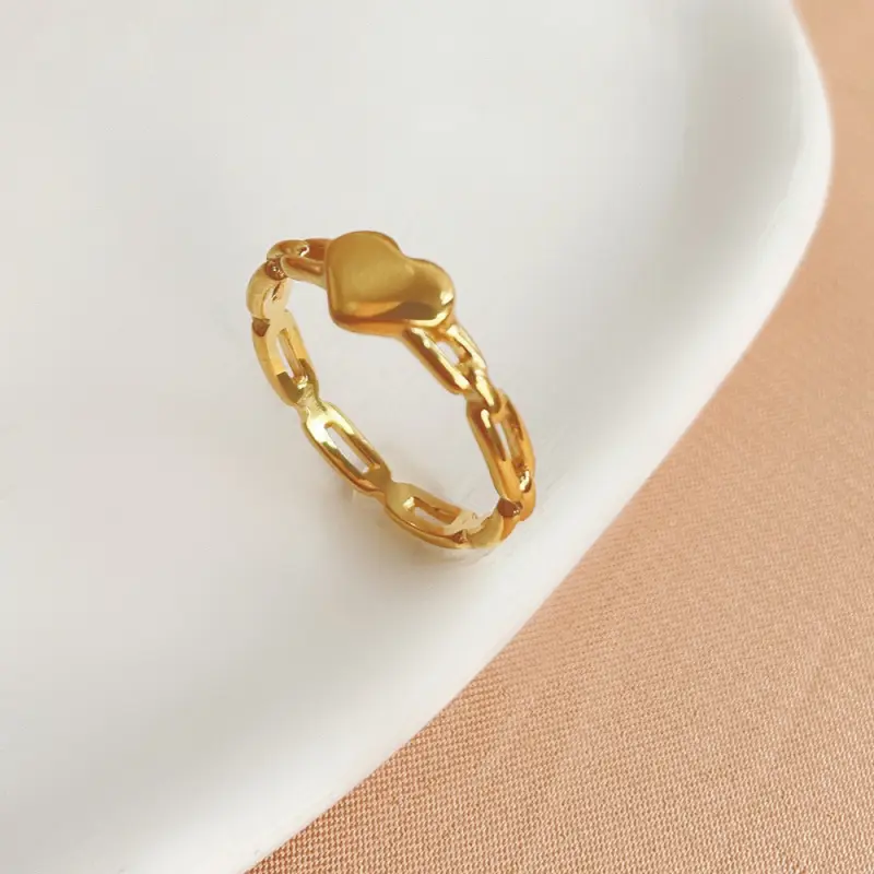 Nhẫn Thép Titan Trái Tim, Phong Cách Kim Loại, Dành Cho Nữ, Thiết Kế Độc Đáo Không Phai Màu, Nhẫn Mạ Vàng Khoét Lỗ, Đồ Trang Sức Họa Tiết Thời Trang