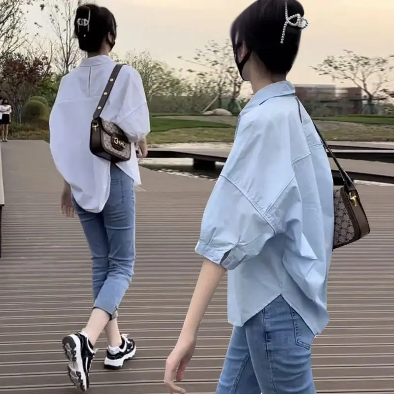 Áo Sơ Mi Cotton, Mỏng, Dành Cho Nữ, Dễ Phối Đồ, Dáng Rộng Vừa Vặn, Dáng Ôm, Phong Cách Thường Ngày Hàng Mới Về Mùa Hè 2024, Áo, Cổ Tròn, Có Tay Áo, Phong Cách Thiếu Nữ