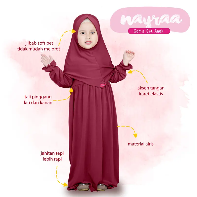 Set Gamis Anak Cutemoslem Nayraa M dengan Jilbab - Berbahan Airis High Quality 2