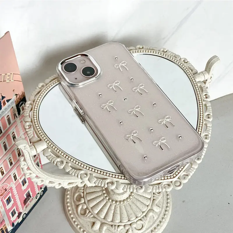 【SatSet.ind】LUX Plating Transparan Tekstur 3D Pita Ribbon Butterfly Compatible with iPh 11 Pro 12 ProMax 13 14 Plus 15 16 Casing Cover Elegan Mewah Glitter Metal Plating Clear Case back  cover 7