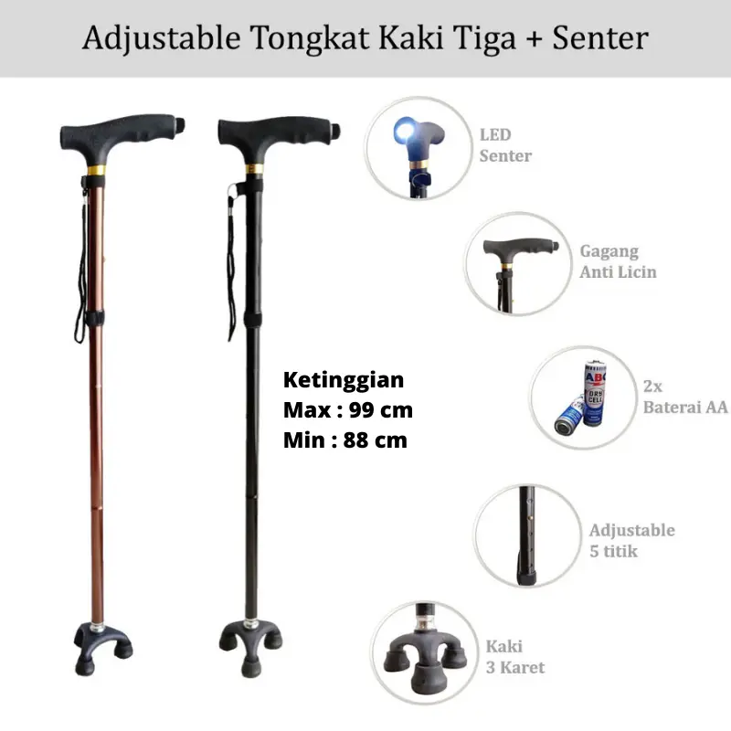 Alat bantu jalan tongkat lipat kaki tiga tongkat kaki 3 manula tongkat senter aluminium