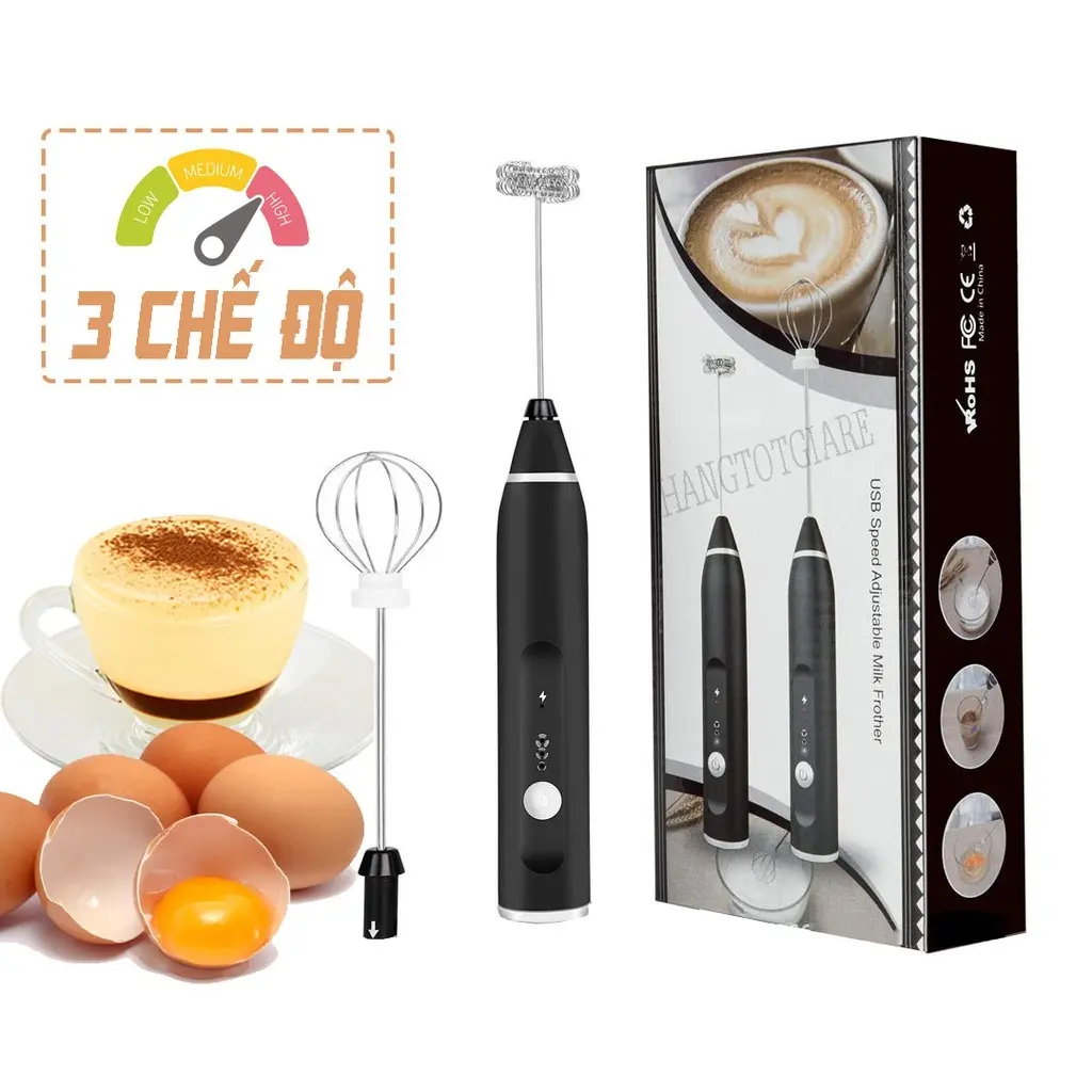 Máy tạo bọt cafe 3 tốc độ, máy đánh trứng cầm tay không giây, hỗ trợ sạc pin tiện lợi sử dụng