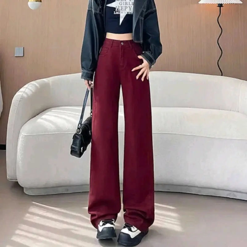 Quần Jean Nữ Ống Suông Rộng Màu Đỏ Lưng Cao Hack Dáng New Trend 2025 đô 3