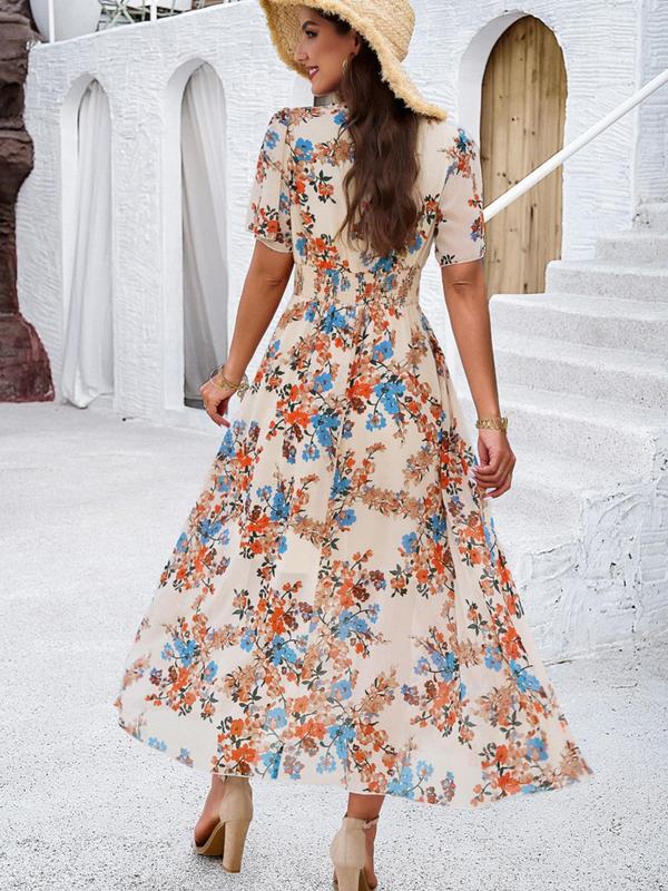 Women's Floral Print Shirred V Neck A Line Dress, Boho Fashion Short Sleeve Long Dress for Beach Vacation Holiday Wedding Guest, Ladies Dress for Summer 2