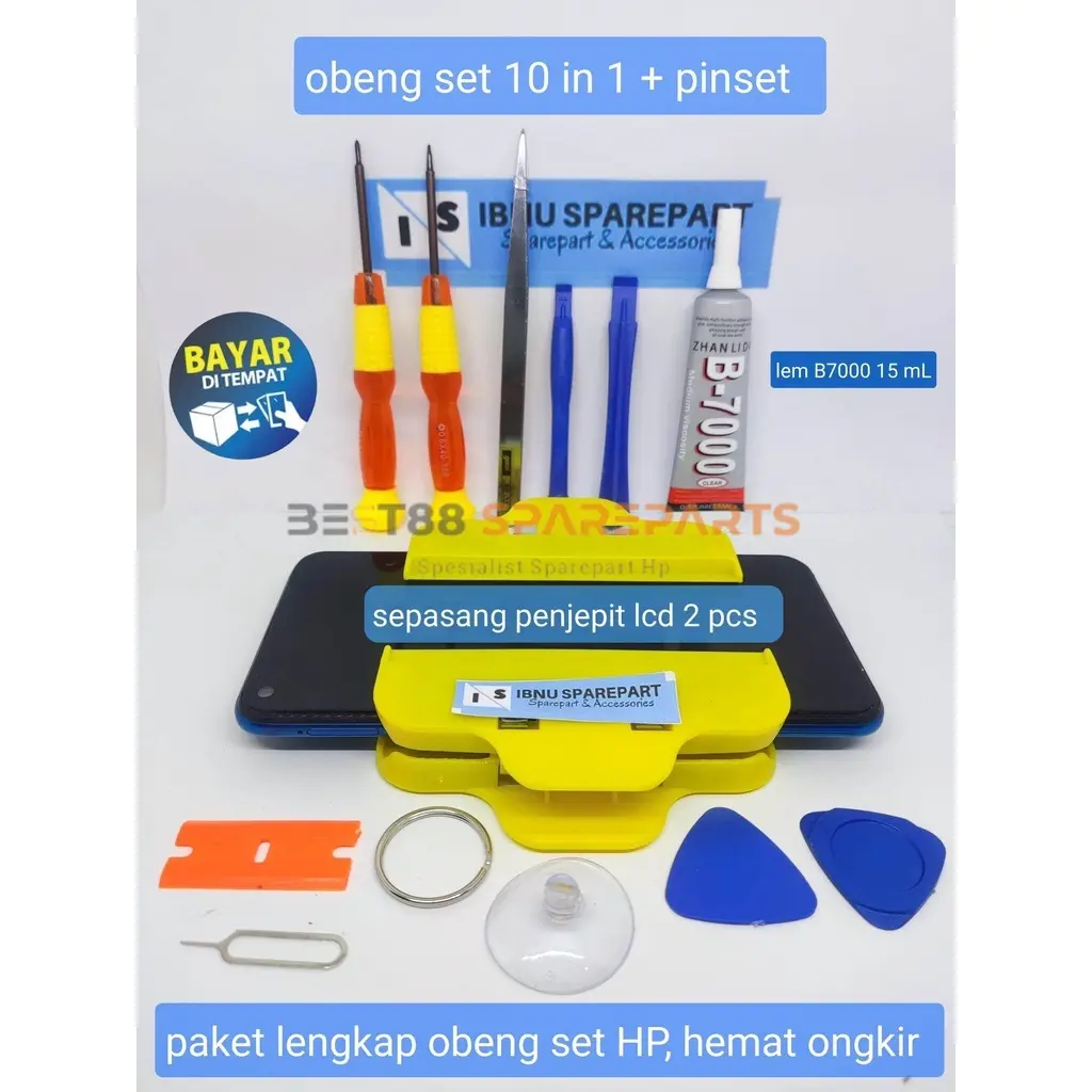 Obeng set Hp 10 IN 1 + Penekan LCD LEBAR  + LEM b7000 15 BENING 15 ML / LEM T7000 15 ML HITAM alat servis hp ori ( BEST88 )