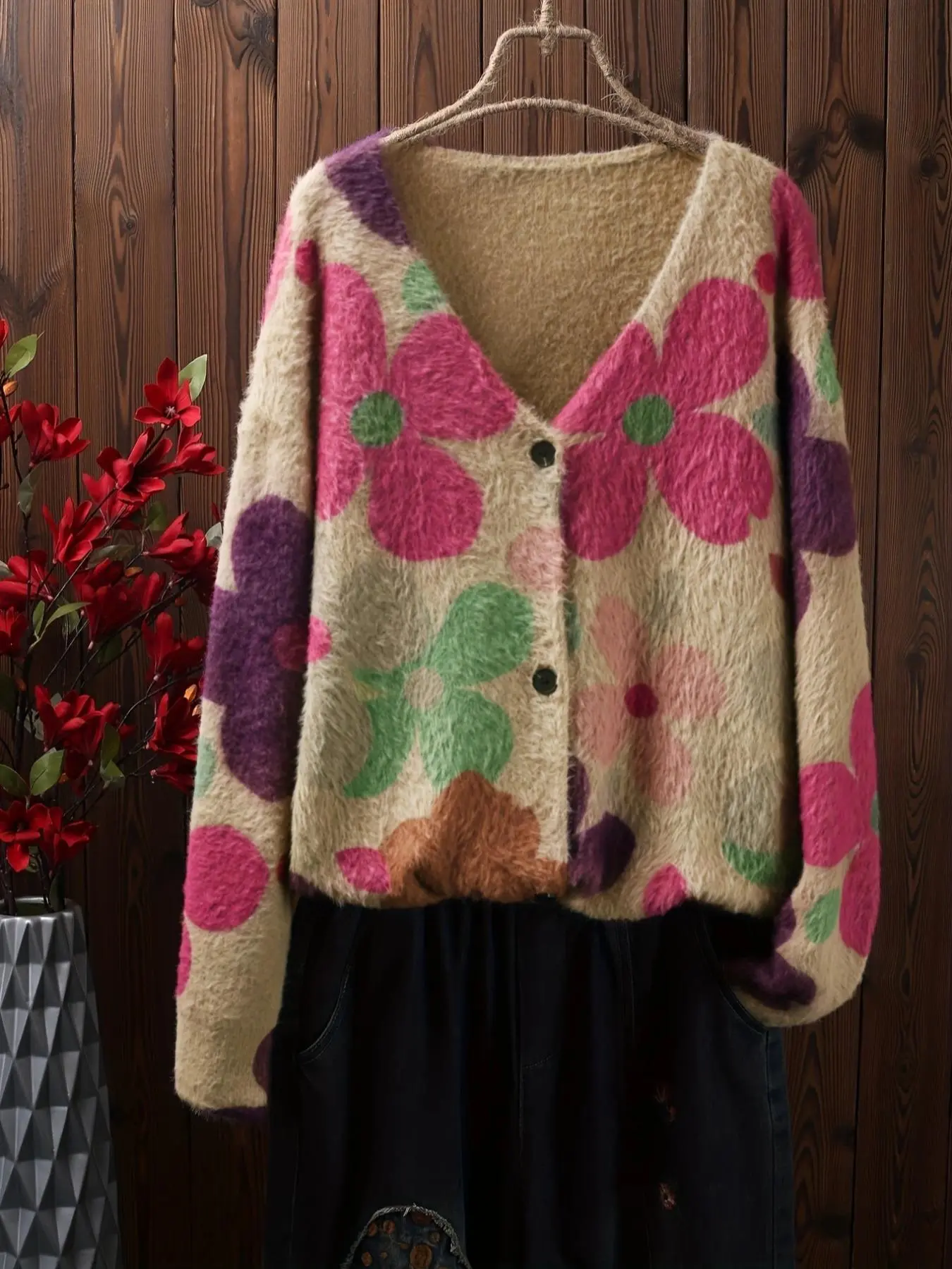 【Plus Size】 Floral Print Button Front Fuzzy Cardigan, Casual Long Sleeve V Neck Knitwear for Fall & Winter, Cardigan for Women, Women's Clothing for Daily Wear