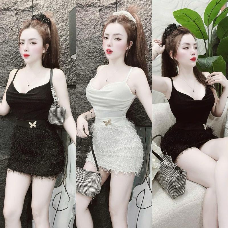 Set chân váy giả lông cài bướm + áo 2 dây