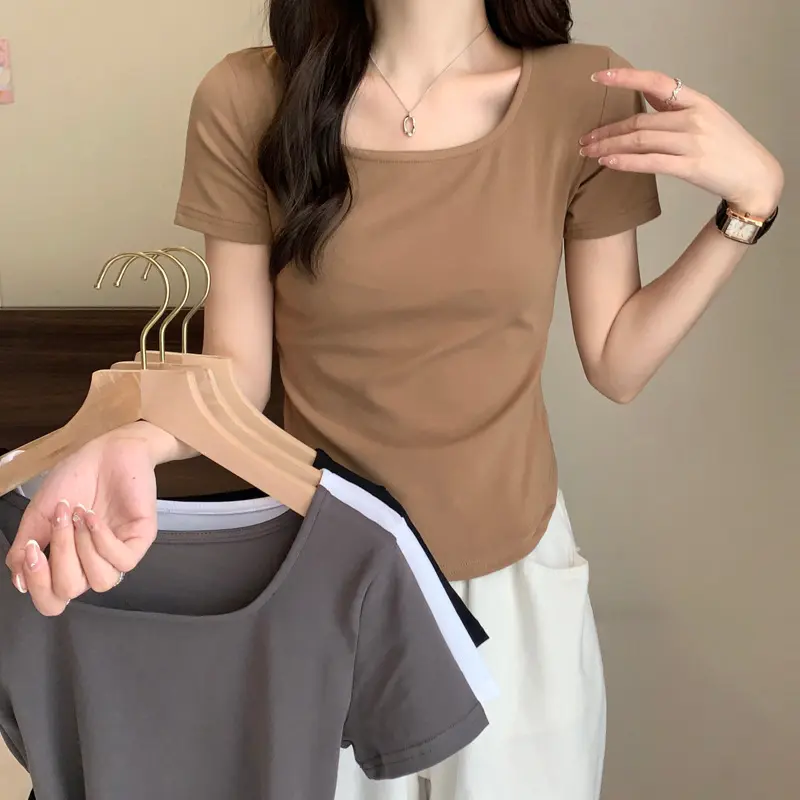 Áo Thun ngắn Tay Phong Cách Hàn Quốc, Thiết Kế Đặc Biệt Cho Nữ, Áo Cổ Chữ U Mỏng, Có Màu Trắng, Đen, Kaki Và Xám, Hàng Mới Về Mùa Hè 2025