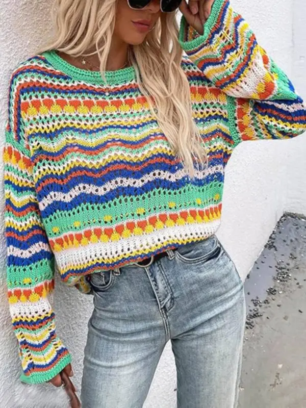 Women's Colorful Striped Print Hollow Out Drop Shoulder Sweater, Chic Elegance Casual Breathable Long Sleeve Round Neck Pullover Jumper for Spring & Fall, Sweater for Women, Sweaters for Women, Fashion Women's Knitwear for Daily Wear 6