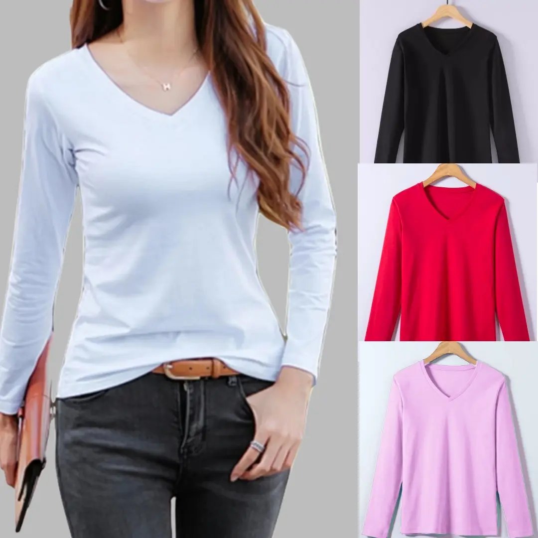 Kaos Wanita Vneck Polos Lengan Panjang Polos Lembut Soft
