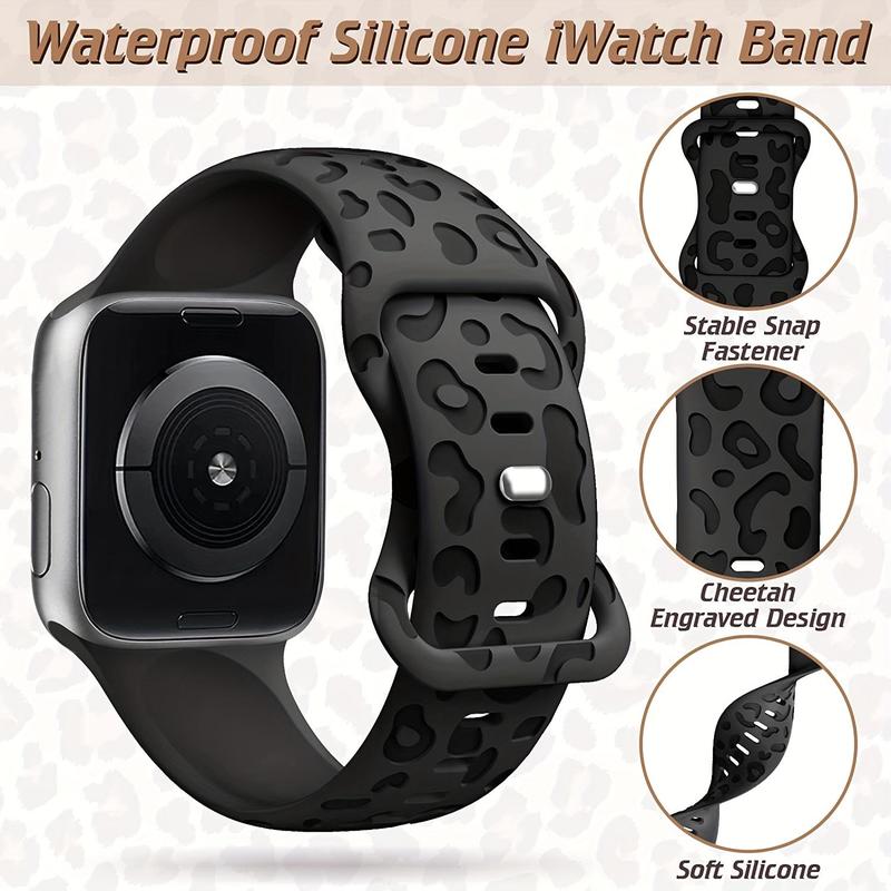 Leopard-Pattern Watch Band for Apple Watch, Waterproof Cheetah Sports Silicone Wristband, Trendy Matching Watchband for iWatch Series for Fitness Watches, Smart Watch Straps, Smartwatch Strap, Black 3