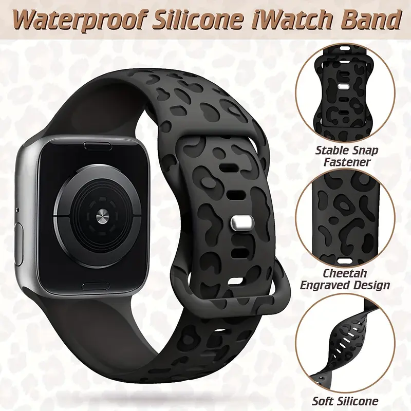 Leopard-Pattern Watch Band for Apple Watch, Waterproof Cheetah Sports Silicone Wristband, Trendy Matching Watchband for iWatch Series for Fitness Watches, Smart Watch Straps, Smartwatch Strap, Black, Funny Gift 3