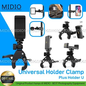 Midio Bike Clamp Mount + Holder U – Penjepit Pipa Universal Kamera & HP Hitam Plastik Tripod Camera Penyangga