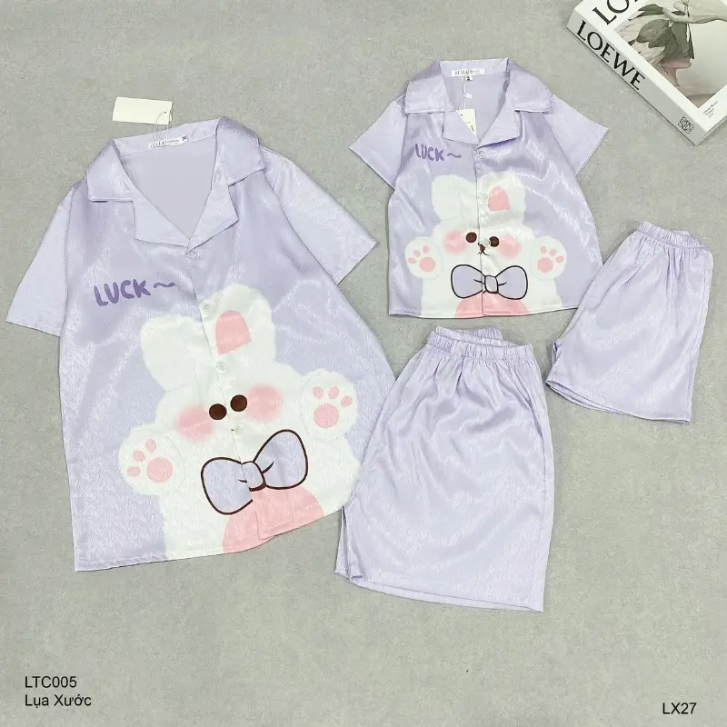 Set bộ pijama lụa xước có size cho mẹ và bé áo cộc quần đùi, có size từ 8-65kg Nữ