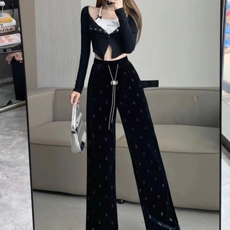 [TẶNG KÈM DÂY XÍCH] Quần Nhung Ống Xuông Đính Nhũ Cạp Cao Kèm Dây Xích Chuẩn Ảnh Nữ Women Kem