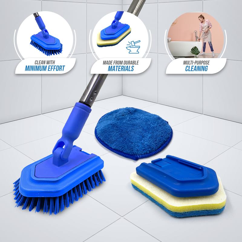 Long Handled Bathroom Cleaner - Easily Clean Tiles, Baths and Showers - Stiff Bristle Long and Durable Handle Brush Cleaning Pad Sponge Kit 4