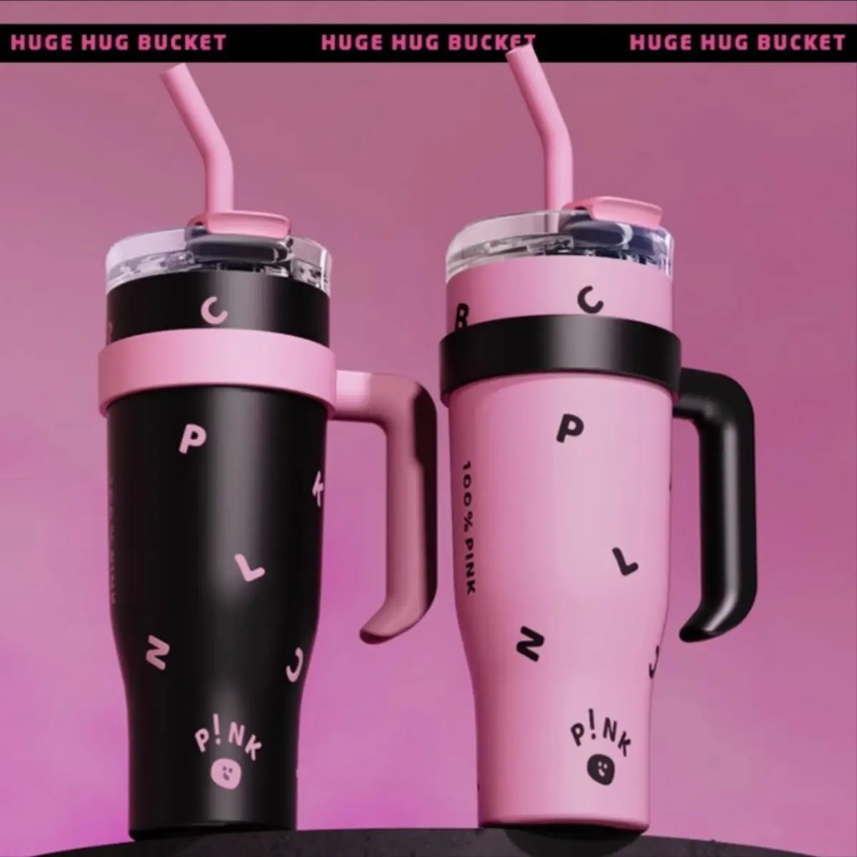 ly giữ nhiệt Pink dung tích 1250ml cao cấp, có tay cầm và ống hút màu đen hồng nổi bật tặng kèm cọ ống hút bình  giữ believe bình  thuỷ bình  nước