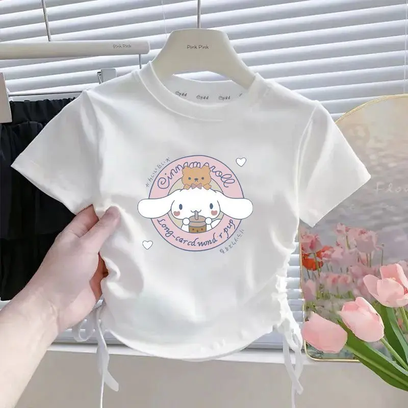 Áo ngắn Tay Cotton, Cho Bé Gái, Thiết Kế Hoạt Hình Ngọt Ngào Dây Rút, Phong Cách Công Chúa, Áo Thun, 2025, Thích Hợp Cho Bé Gái, Hàng Mới Về Mùa Hè 6