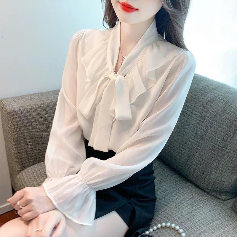 Áo sơ mi nữ thiết kế cổ bèo cột nơ vải lụa lạnh mềm mát  LAMO- B1363