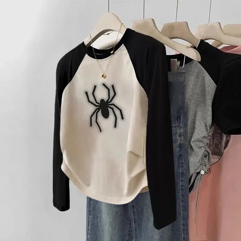 Áo Thun Dài Tay, Dành Cho Nữ, Chất Liệu Cotton, Phong Cách Hàn Quốc Đầu Mùa Thu, Ôm Sát, Ngắn, Phong Cách Thường Ngày Cổ Điển, Thiết Kế Raglan, Áo Mỏng