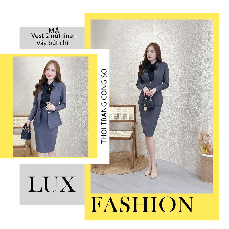 [LFVDVC2] - COMBO ÁO VEST 2 CÚC DỌC CỔ NHỌN + VÁY BÚT CHÌ - THỜI TRANG PHÁI ĐẸP - [LUX FASHION] Top Nữ Top Nữ 2