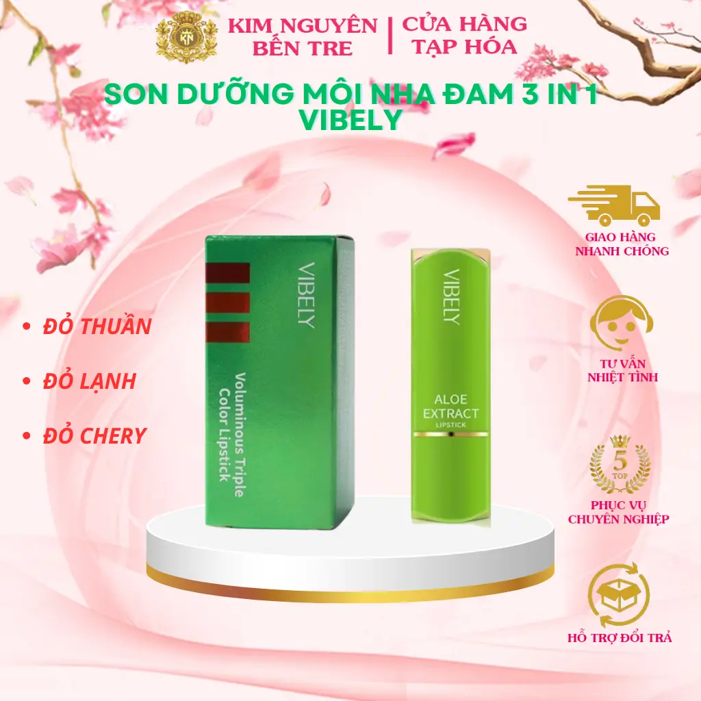 Son Dưỡng Môi Nha Đam VIBELY 3 In 1 ( Dưỡng Ẩm, Bền Màu, 3 Màu )