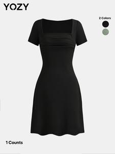 YOZY Women's Plain Square Neck Ribbed A Line Dress, Casual Short Sleeve Dress for Daily Wear, Ladies Clothes for All Seasons