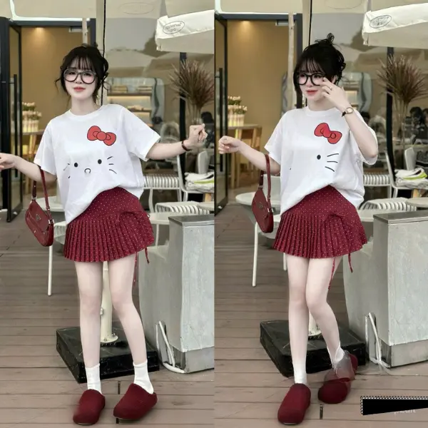 Sét áo phông in nơ mix với chân váy xếp ly xòe tầng thích hợp nhiều dịp 2
