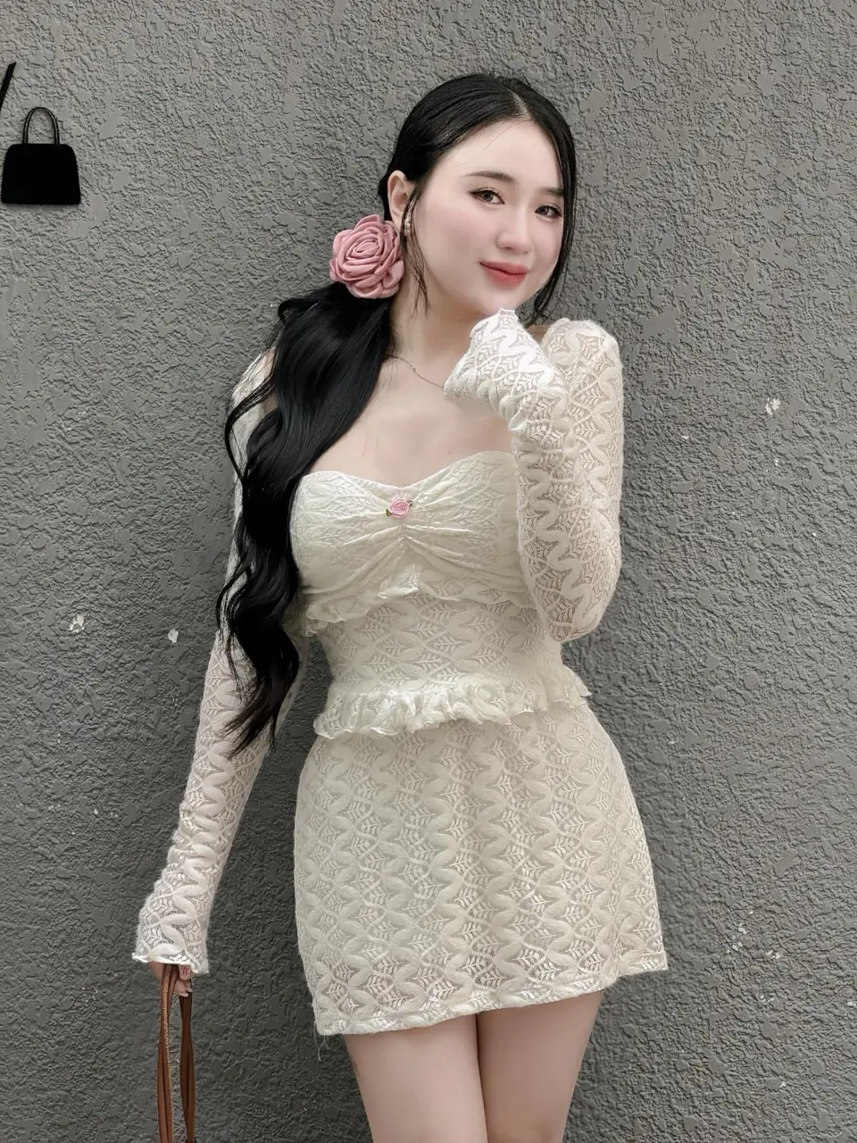 BIGSIZE HIẾU HIẾU (55-95KG) - Set ren 3 món đi biển Áo 2 dây cúp có mút + Áo khoác ngoài tay dài + Chân váy dáng ngắn