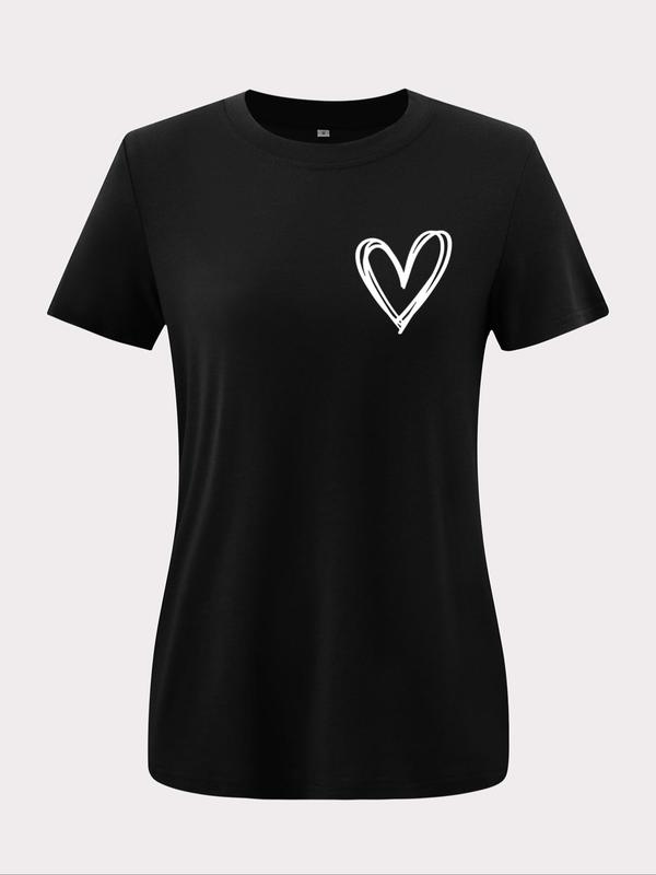 Women's Heart Print Round Neck Basic Tee, Casual Short Sleeve Crew Neck T-shirt for Summer, Fashion Women's Top for Daily Wear 3