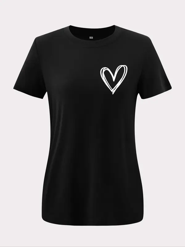 Women's Heart Print Round Neck Basic Tee, Casual Short Sleeve Crew Neck T-shirt for Summer, Fashion Women's Top for Daily Wear 3