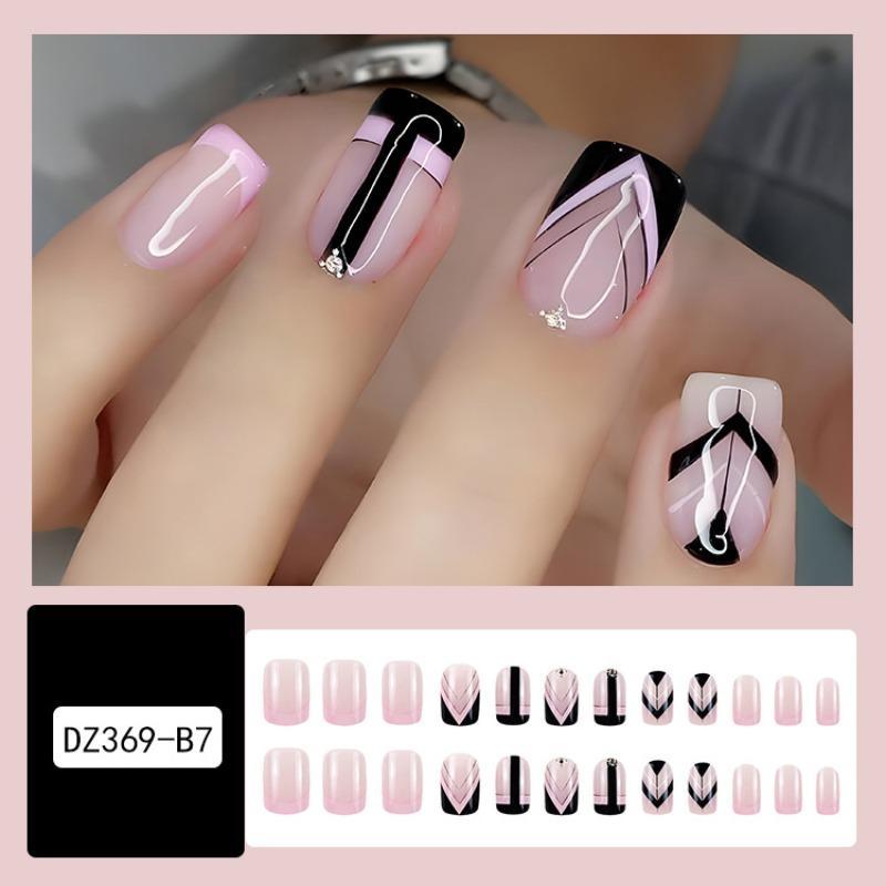 Pink and Black Press on Fake Nail, 24pcs Rhinestone Decor Fashion Press on Nails & 1 Count Tape & 1 Count Nail File & 1 Count Wooden Stick 2